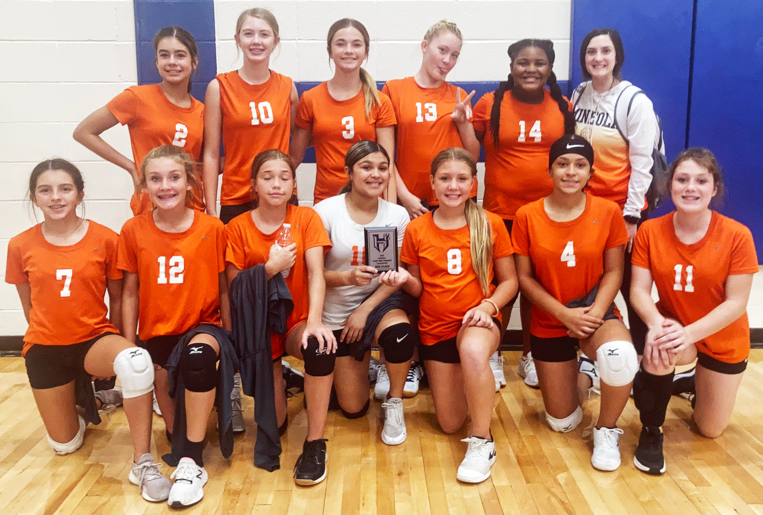 The Mineola 7th grade volleyball team includes, back from left, 2-Abby McQuilliams, 10-Journie Wilson, 3-Kali Chrietzberg, 13-Melaina Gregory, 14-Zion Olajide and Coach Slider; and, front, 7-Audrina Galaz, 12-Kaitlyn McMahon, 9-Milo Reed, 00-Skylynn Mason, 8-Jayla Johnson, 4-Ajia Simmons and 11-Brayley Cook.
